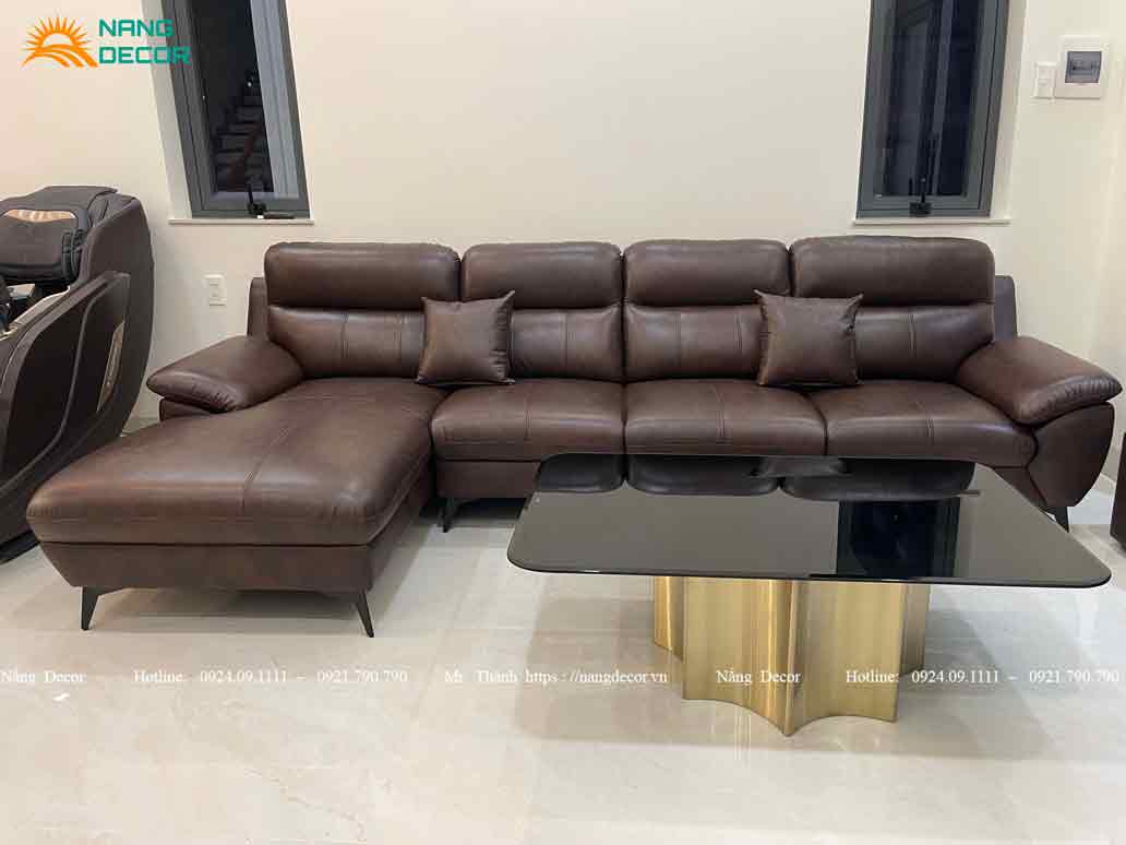Mẫu sofa da bò màu nâu SF01 góc L kích thước 3m3 cho phòng khách lớn. Mẫu sofa da bò màu nâu SF01 góc L kích thước 3m3 cho phòng khách lớn.