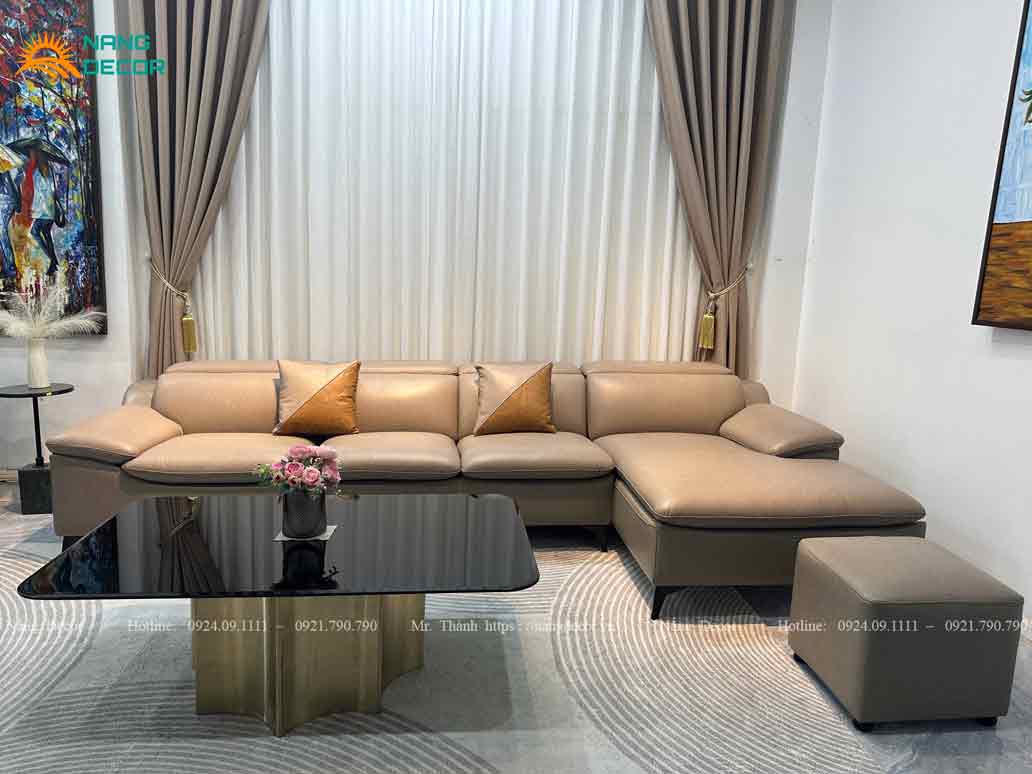 Sofa Da Bò Màu Xám Loang Góc L - mã SF08 màu xám đẹp tinh tế, dễ phối nội thất.