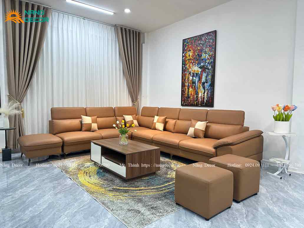 Sofa Da Bò Nappa Góc L - mã SF04 với điểm tựa đầu điều chỉnh linh hoạt.