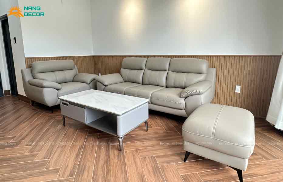 Bộ bàn ghế sofa phòng khách kết hợp ghế băng, đơn, đôn dài phù hợp phòng khách vừa và nhỏ.