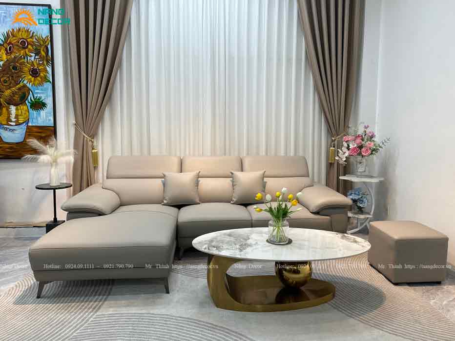 Sofa da bò góc L mặt tiếp xúc mã SF39 màu kem sang trọng cho phòng khách hiện đại. Sofa da bò góc L mặt tiếp xúc mã SF39 màu kem sang trọng cho phòng khách hiện đại.